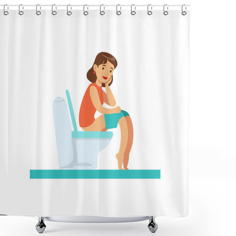 Personality  Woman Thinking Sitting On Toilet, Part Of People In The Bathroom Doing Their Routine Hygiene Procedures Series Shower Curtains