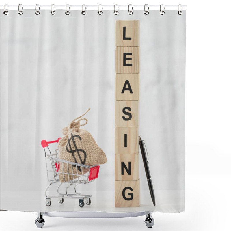 Personality  Wooden Cubes With Leasing Lettering Near Toy Shopping Cart With Dollar Bag And Pen On White  Shower Curtains