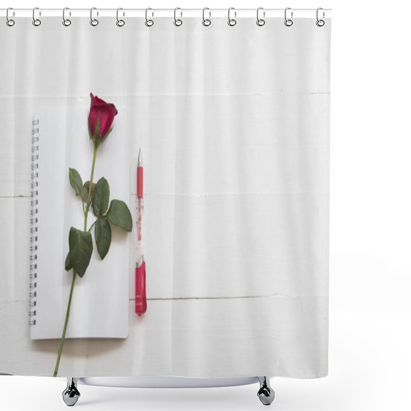 Personality   Notebook Planner With Rose Flower On Background White Wood Shower Curtains