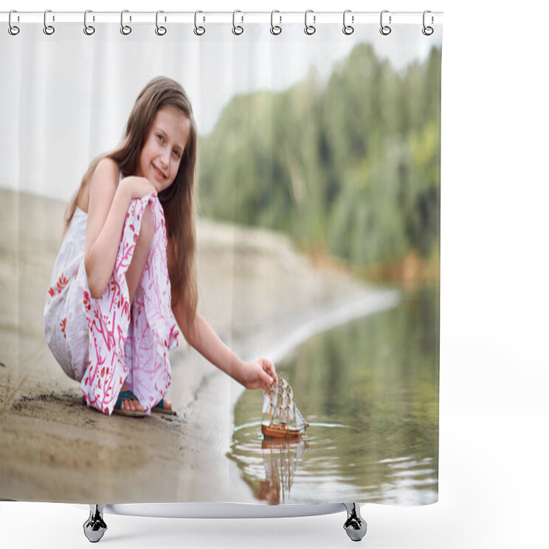 Personality  Girl Playing With A Toy Sailing Ship By The River Shower Curtains