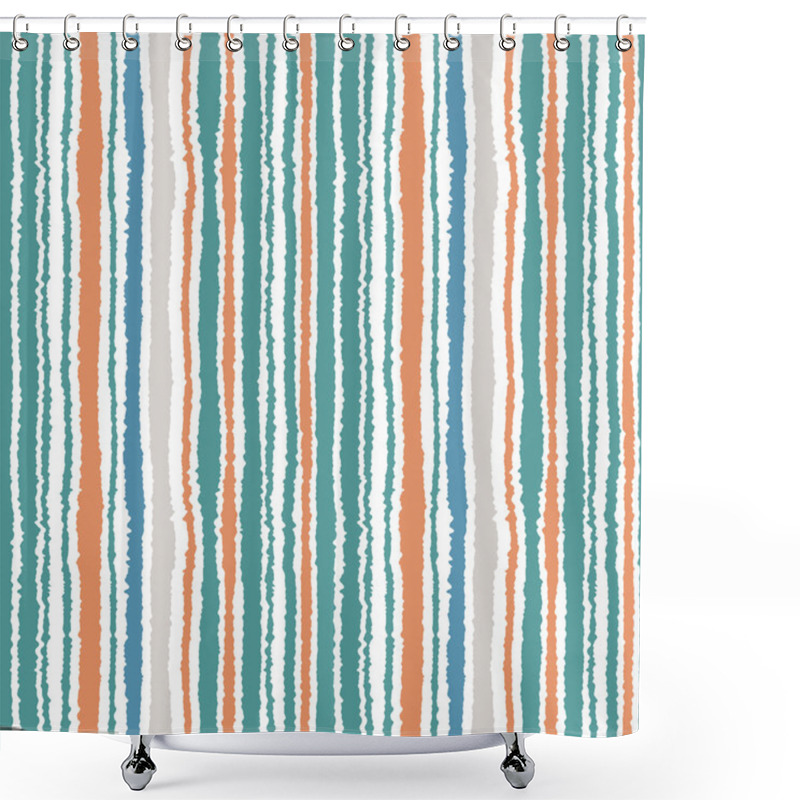 Personality  Seamless Striped Pattern. Vertical Narrow Lines. Torn Paper, Shred Edge Texture. Blue, White, Orange Soft Colored. Vector Shower Curtains