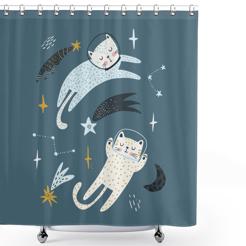 Personality  Cute Cats Astronauts Traveling In Outer Space. Animal Cosmonaut Adventure In Cosmos. Flat Vector Illustration Of Funny Feline In Universe Shower Curtains