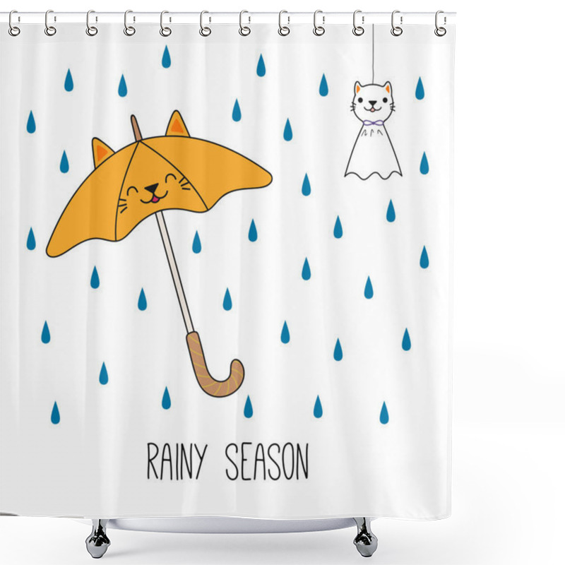 Personality  Hand Drawn Kawaii Cat Umbrella With Japanese Teru Teru Bozu Doll Under Rain, Vector, Illustration Shower Curtains