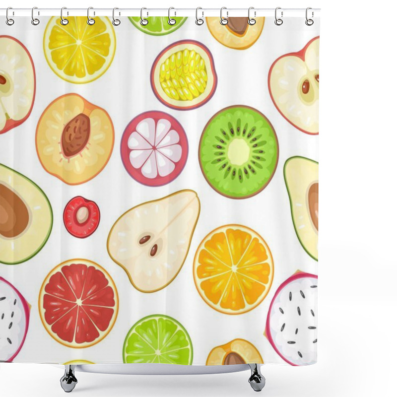 Personality  Seamless Pattern Fruits. Slice Apple, Kiwi, Lemon, Orange, Mango, Avocado Shower Curtains