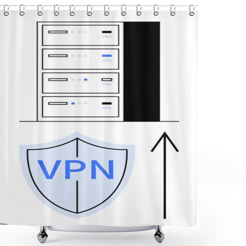 Personality  Server Rack, VPN Shield Icon, Upward Arrow Indicating Data Transmission. Ideal For Cybersecurity, Data Protection, Secure Connections, Online Privacy, IT Infrastructure, Virtual Networks Secure Shower Curtains