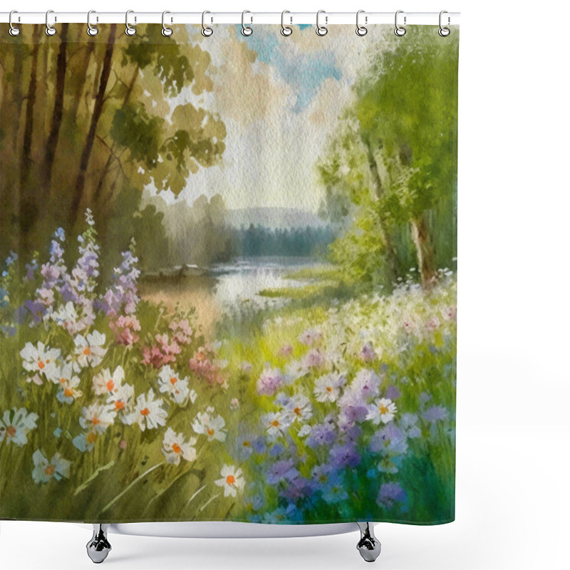 Personality  Watercolor Paintings Landscape With Flowers, Morning In The Forest. Artwork, Fine Art. Shower Curtains