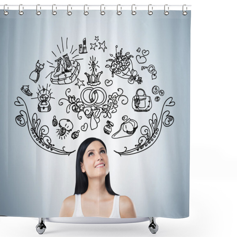 Personality  Young Woman Is Dreaming About Sopping. Shopping Icons Are Flying In The Air. Blue Background. Shower Curtains