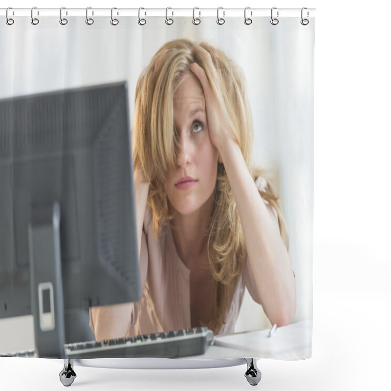 Personality  Frustrated Businesswoman With Hands In Hair At Office Desk Shower Curtains