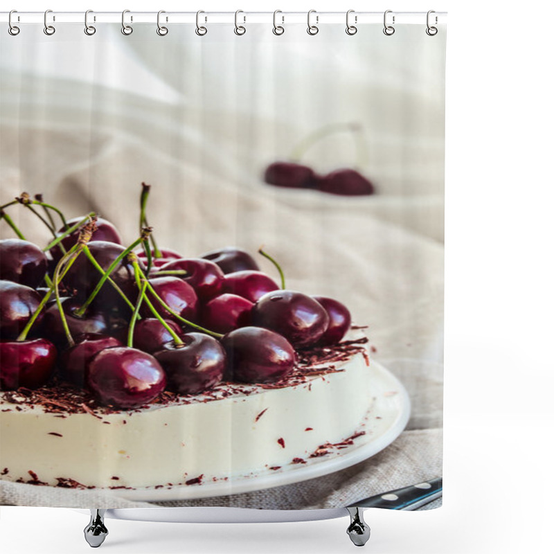 Personality  No Bake Vanilla Cheesecake Mousse With Cherries And Chocolate Shower Curtains