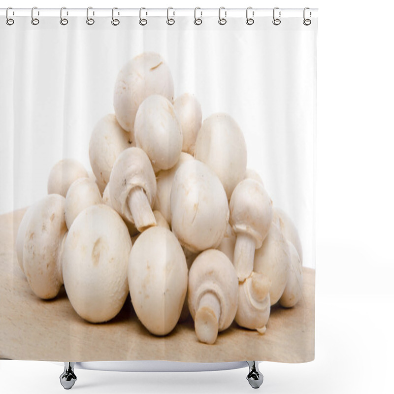 Personality  Heap Of Fresh Button Mushrooms On A Wooden Board Shower Curtains