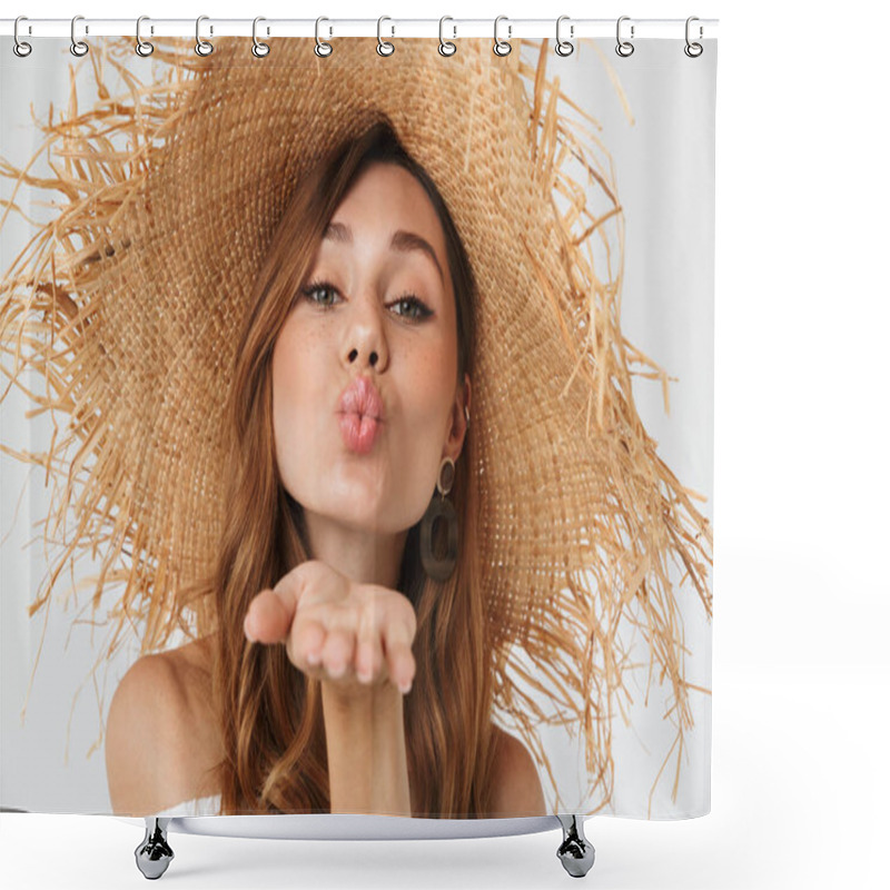 Personality  Portrait Closeup Of Flirty Adorable Woman 20s Wearing Big Straw Hat Blowing Air Kiss At Camera Isolated Over White Background Shower Curtains