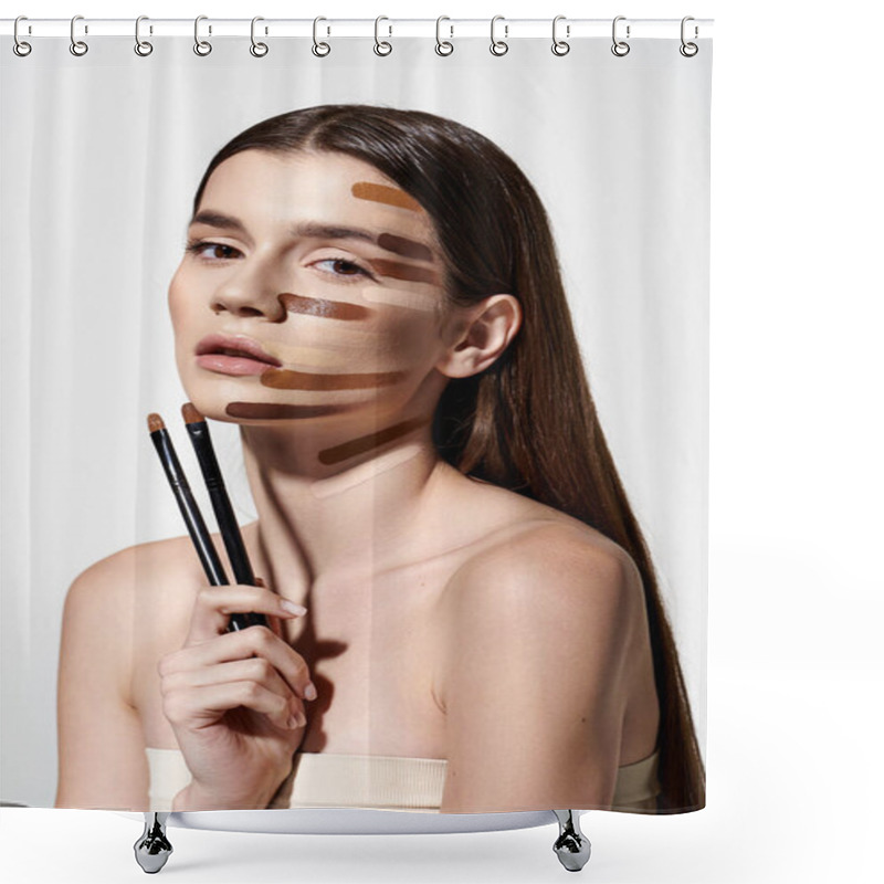 Personality  Young Woman With Makeup Brushes And Makeup Strokes On Her Face, Creating A Creative And Artistic Look With Foundation. Shower Curtains