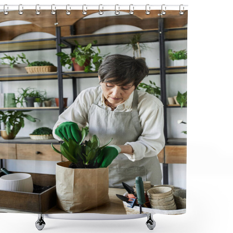 Personality  A Gardener Tends To Her Cherished Plants In A Cozy Studio. Shower Curtains