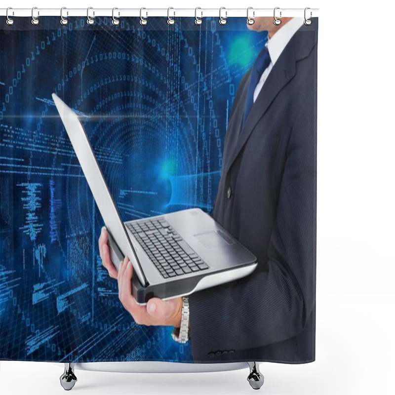 Personality  Businessman Holding Laptop With Binary Codes Shower Curtains