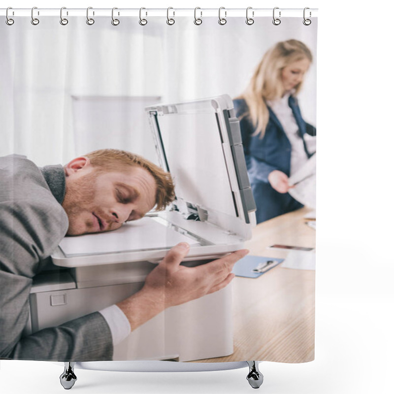 Personality  Overworked Young Businessman Sleeping With Head On Copier At Office Shower Curtains