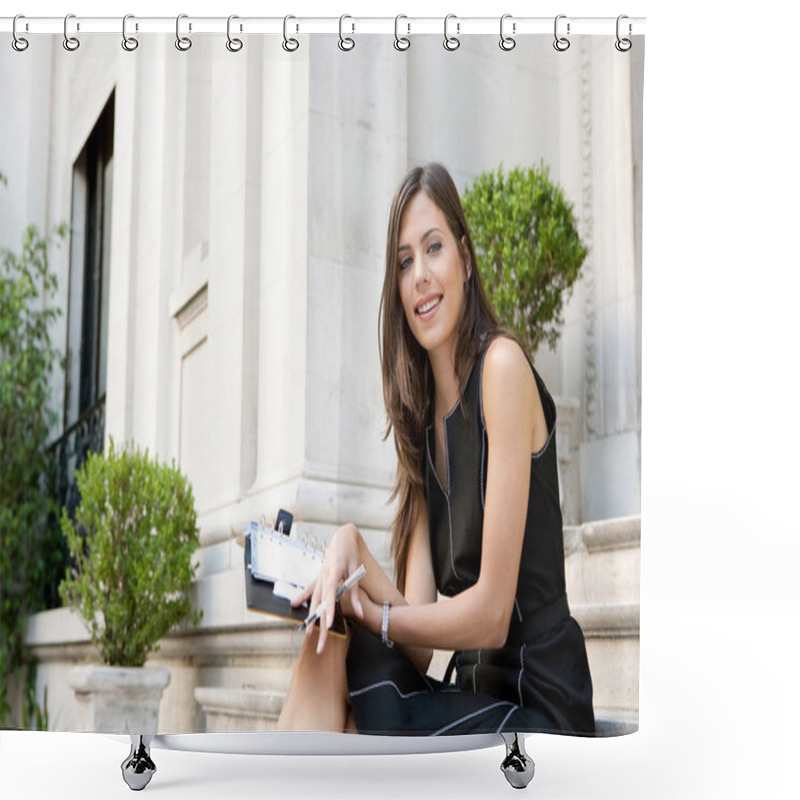 Personality  Elegant Businesswoman Sitting On A Classic Buildings Steps Shower Curtains