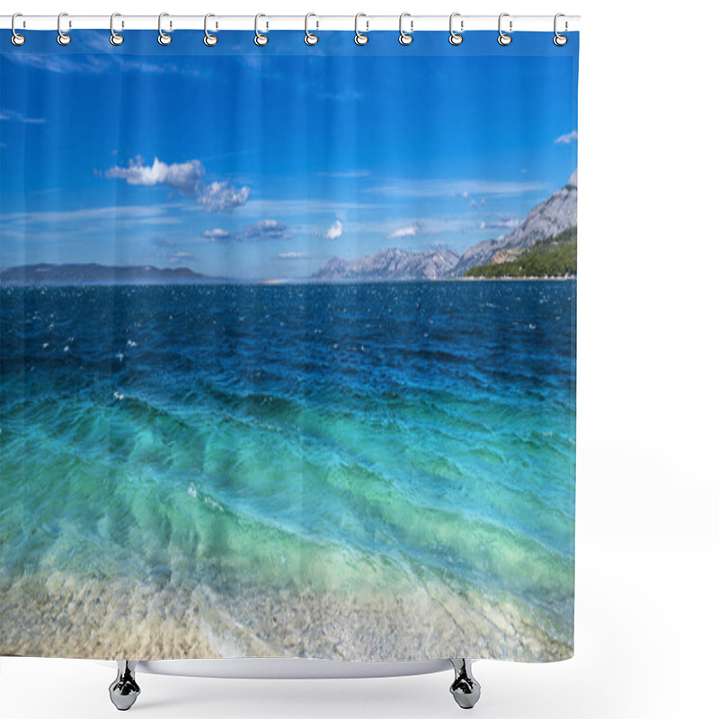 Personality  Beautiful Rippled Sea Water And Blue Sky. Mountains At The Background. Shower Curtains