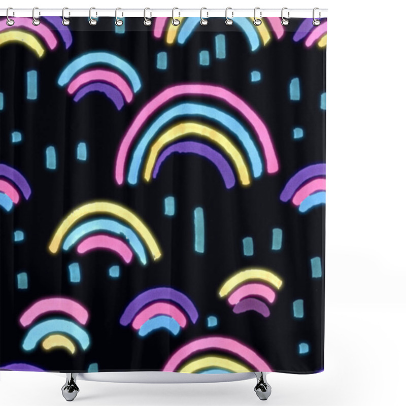 Personality  Abstract Bright Rainbows With Pink, Blue, Yellow And Violet Markers On A Black Background, Abstract Seamless Texture With Freehand Materials Shower Curtains