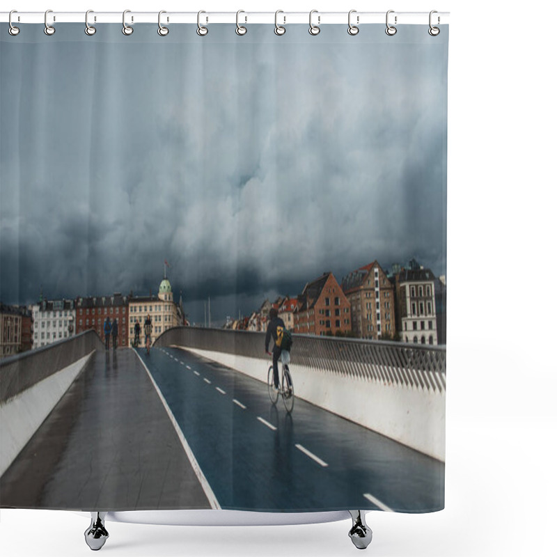 Personality  COPENHAGEN, DENMARK - APRIL 30, 2020: People Walking On Bridge With Urban Street And Cloudy Sky At Background  Shower Curtains