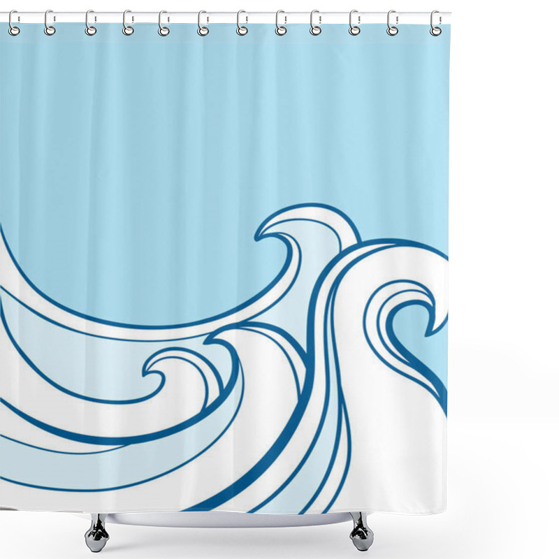 Personality  Vector Sea Waves Outline Graphic Poster Illustration. Abstract Sea Ocean Big Blue Waves Background For Text Shower Curtains