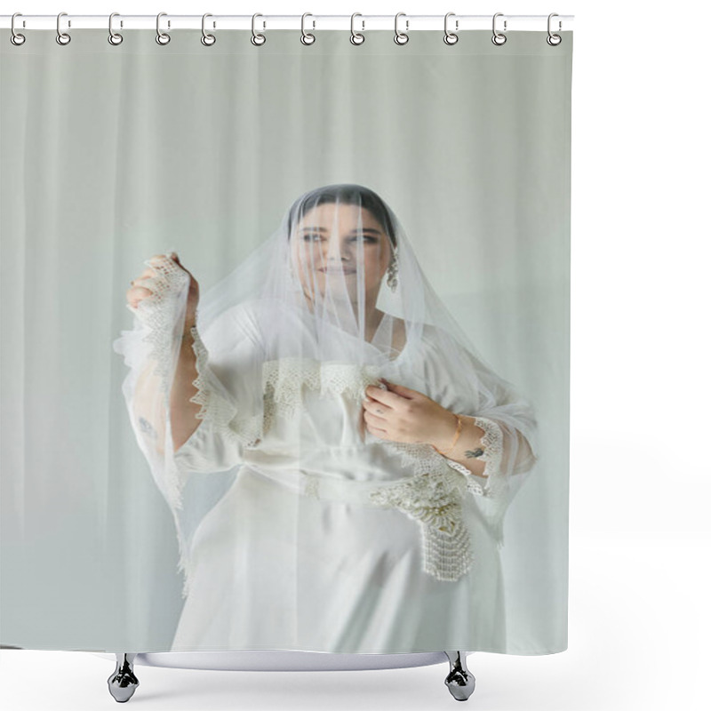 Personality  A Radiant Young Woman Showcases Her Beautiful Wedding Gown Adorned With Delicate Lace And Sparkling Earrings. Shower Curtains