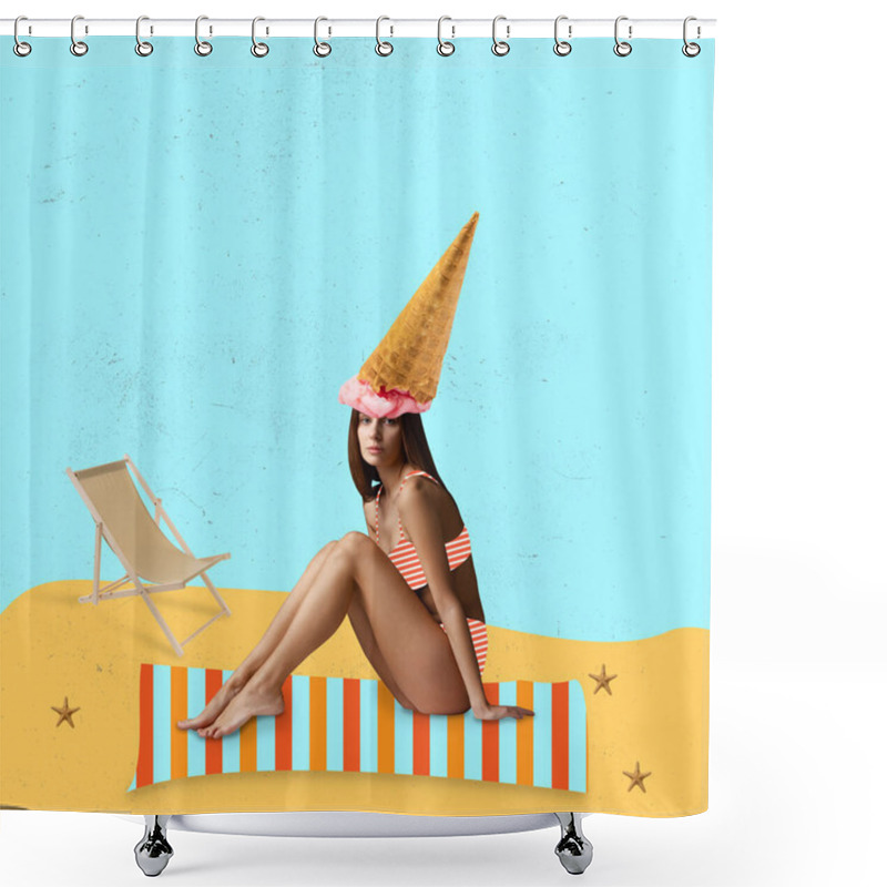 Personality  Contemporary Art Collage Of Woman In Swimsuit With Ice Cream Cone On Head Isolated Over Drawn Beach Background Shower Curtains