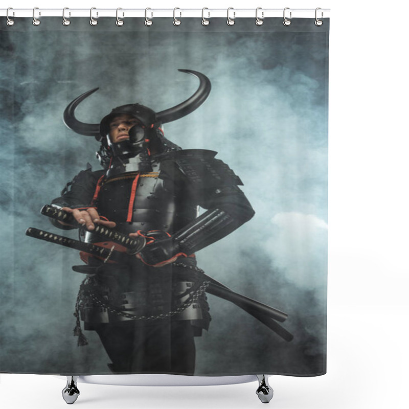 Personality  Bottom View Of Samurai In Japanese Armor With Swords On Dark Background With Smoke Shower Curtains