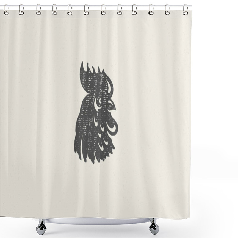 Personality  Black Rooster Head Silhouette For Poultry Farm Industry Hand Drawn Stamp Effect Vector Illustration. Shower Curtains