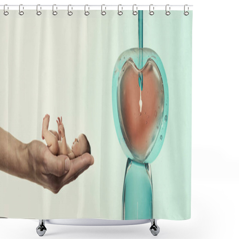 Personality  Ovum With Needle And Sperm For Artificial Insemination Or In Vitro Fertilization And Human Baby On Palm Of Hand. Concept Of Artificial Insemination Or Fertility Treatment.  Shower Curtains