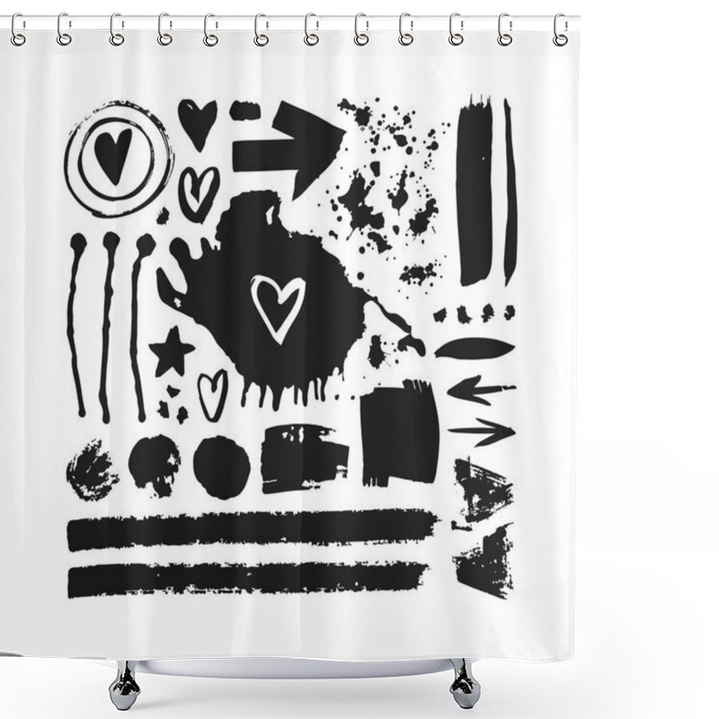 Personality  Set Of Hand Drawn Objects. Black On White Background Isolated. Abstract Brush Drawing. Vector Art Illustration Grunge Forms, Frames, Arrows, Hearts, Stars And Other Shower Curtains