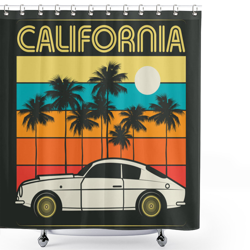 Personality  Retro Illustration Of Old Classic Car Text California Shower Curtains