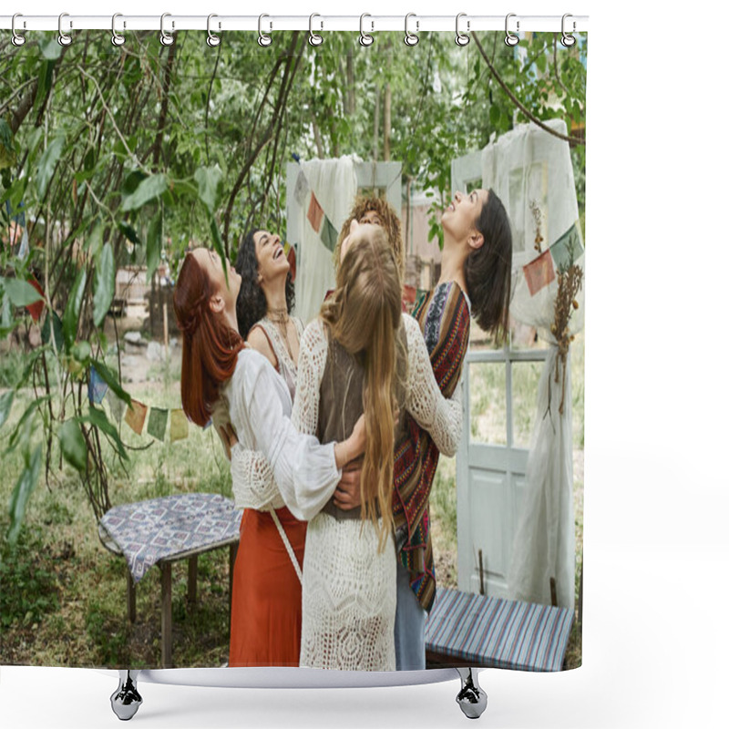 Personality  Joyful And Interracial Women Friends In Boho Outfits Hugging Outdoors In Retreat Center Shower Curtains