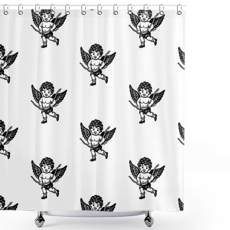 Personality  Seamless Pattern Of Cherubs With Bows And Wings. Black And White Vintage Line Art For Valentine's Day Design And Wallpaper Shower Curtains