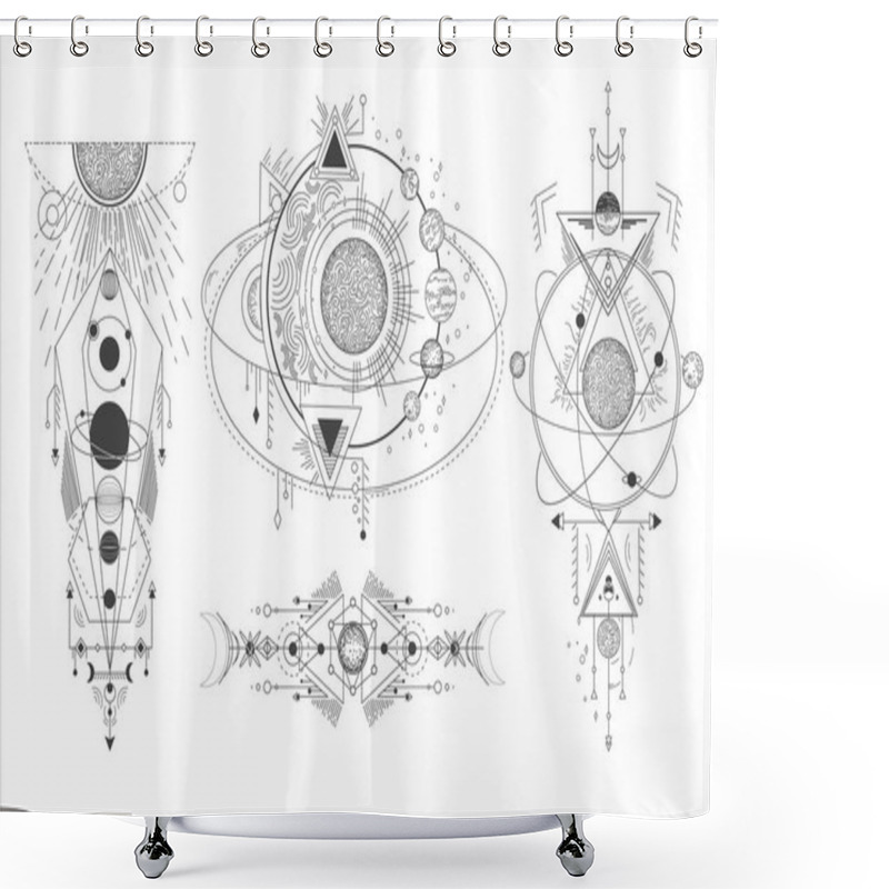 Personality  Vector Set Of Sacred Geometric Symbols With Moon, Planet And Arrows Isolated On White Background. Shower Curtains