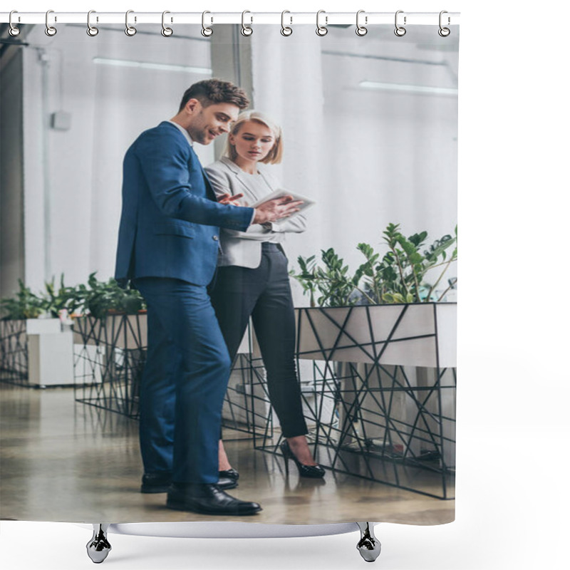 Personality  Two Young Business Partners Using Digital Tablet Together In Office Shower Curtains