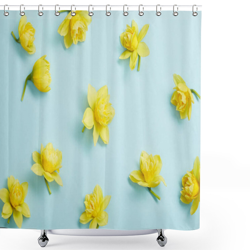 Personality  Top View Of Yellow Narcissus Flowers On Blue Background Shower Curtains