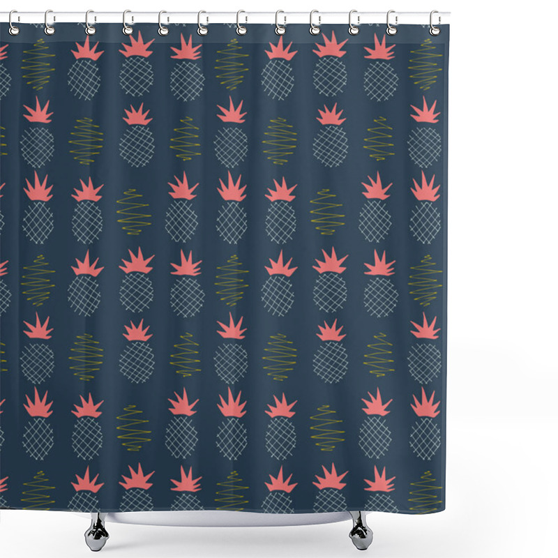 Personality  Pineapple Country Scribbled Seamless Vector Pattern.Crosshatch Pineapple Pattern With Scribbled Elements In Navy, Coral And Deep Yellow Palette. Shower Curtains