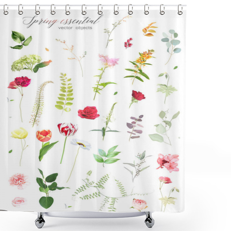 Personality  Red Rose, Green Hydrangea, Bright Tulips, Carnation, Ranunculus, Spring Garden Flowers, Eucalyptus, Greenery, Fern, Vector Design Big Set. Wedding Summer Collection. Elements Are Isolated And Editable Shower Curtains