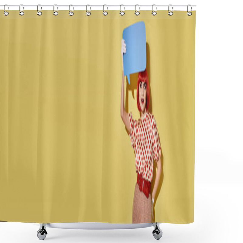 Personality  Redhead Woman With Pop Art Makeup And Polka Dot Blouse Balances A Blue Bucket On Her Head Against A Vibrant Yellow Backdrop. Shower Curtains