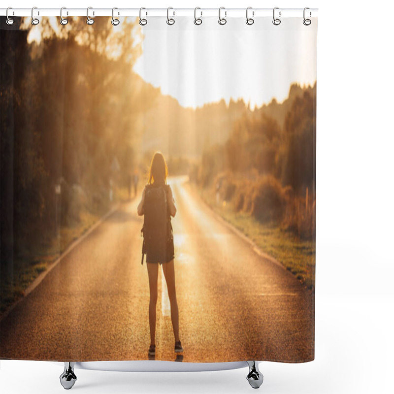 Personality  Young Backpacking Adventurous Woman Hitchhiking On The Road.Ready For Adventure Of Life.Travel Lifestyle.Low Budget Traveling.Adventurous Active Vacations.Hitchhiking Tourism Concept.Backpacker Shower Curtains