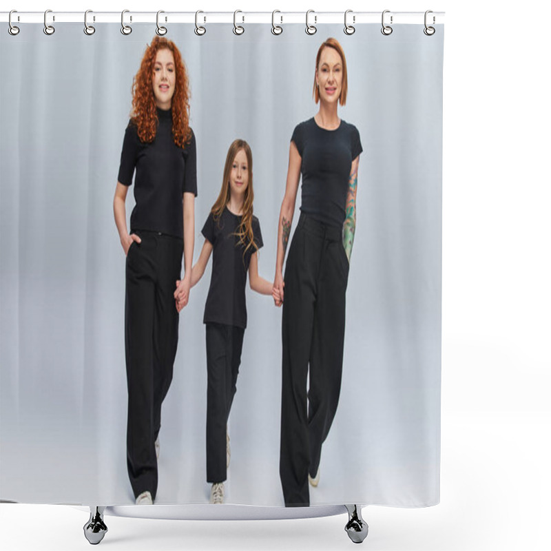 Personality  Cheerful Girl Holding Hands And Walking With Redhead Women In Matching Outfits On Grey Backdrop Shower Curtains