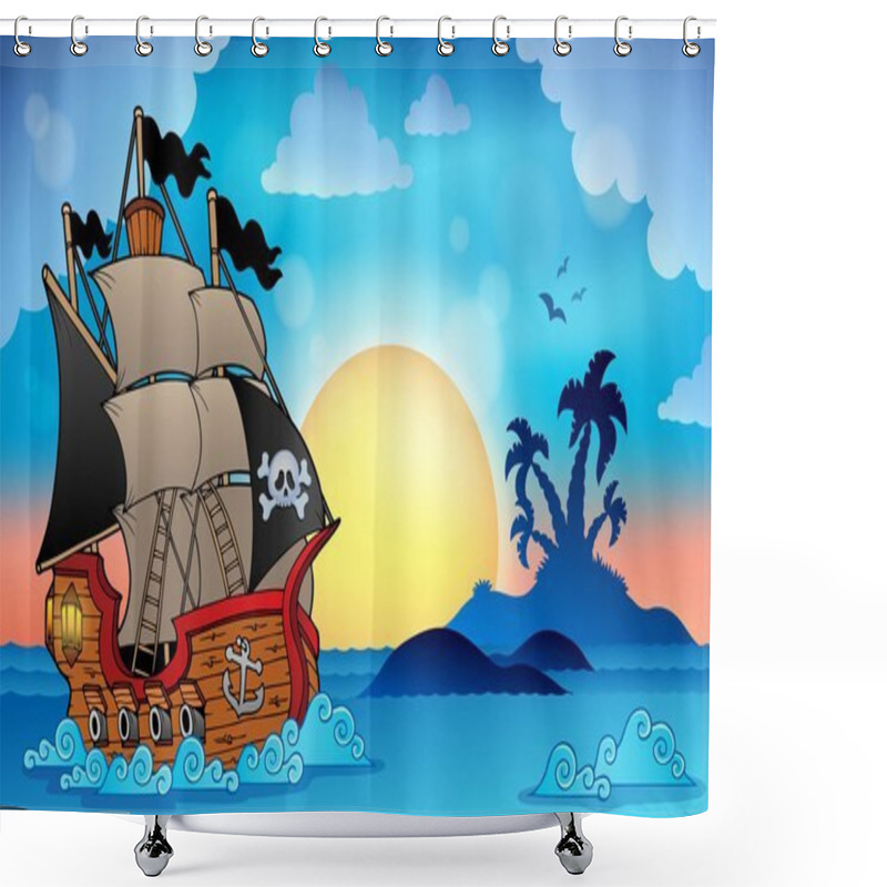 Personality  Pirate Ship Near Small Island 3 Shower Curtains