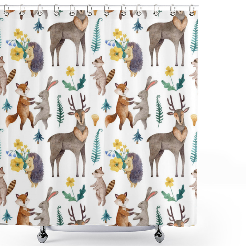 Personality  Watercolor Seamless Pattern With Forest Animals On White Background.Childish Illustration.Happy Birthday,celebration Concept.Hand Drawn Texture For Greeting Card, Invitations, Wrapping Paper, Fabrics. Shower Curtains