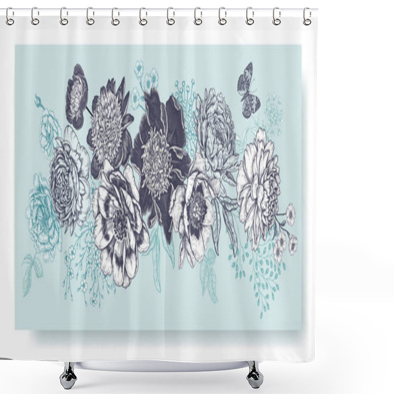 Personality  Flower Garland. Wedding Decoration. Black Peonies On A Blue Back Shower Curtains