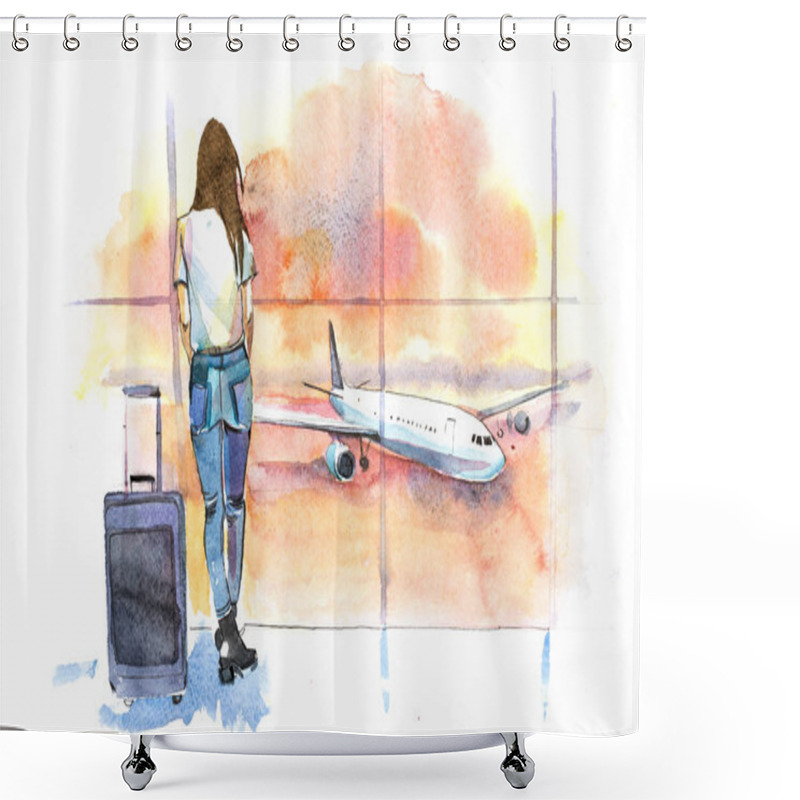 Personality  Travel. Woman Traveler In Airport Looking At Aircraft Through Glass Window. Girl Tourist Waiting Airplane Departure. Shower Curtains