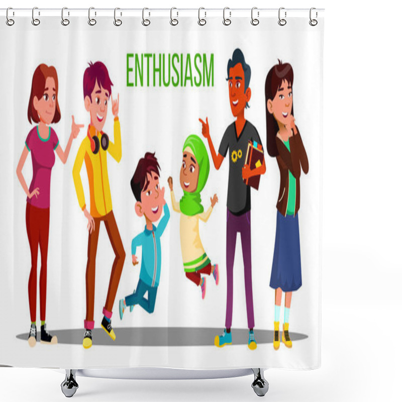 Personality  Enthusiastic Multiethnic Students, Adults, Children Vector Characters Shower Curtains