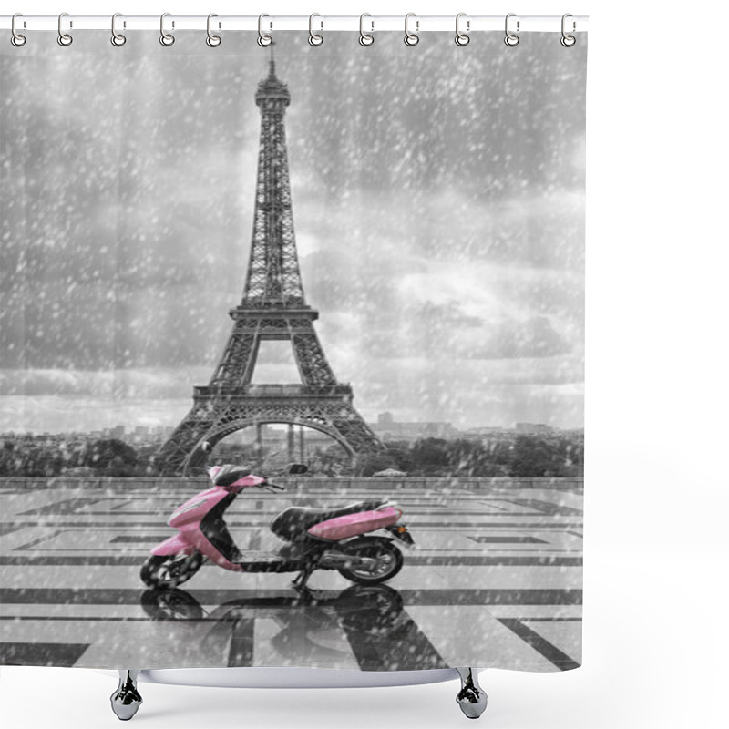 Personality  Eiffel Tower In The Rain With Pink Scooter Of Paris. Black And W Shower Curtains