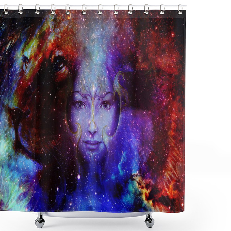 Personality  Goodnes Woman And Lion In Space With Galaxi And Stars. Profile Portrait, Eye Contact. Shower Curtains