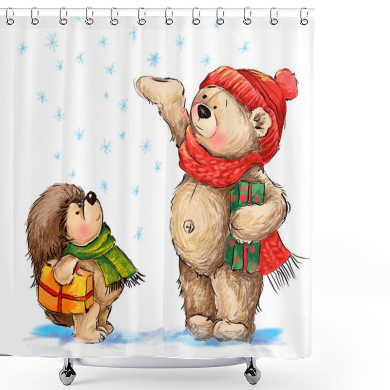 Personality  Christmas Illustration. Cute Bear And Hedgehog With Christmas Gifts. Shower Curtains