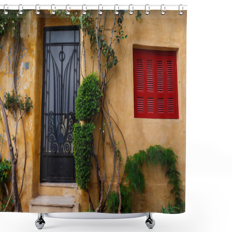 Personality  Plants And An Old Building In Anafiotika Neighborhood In The Old Town Of Athens, Greece. Shower Curtains